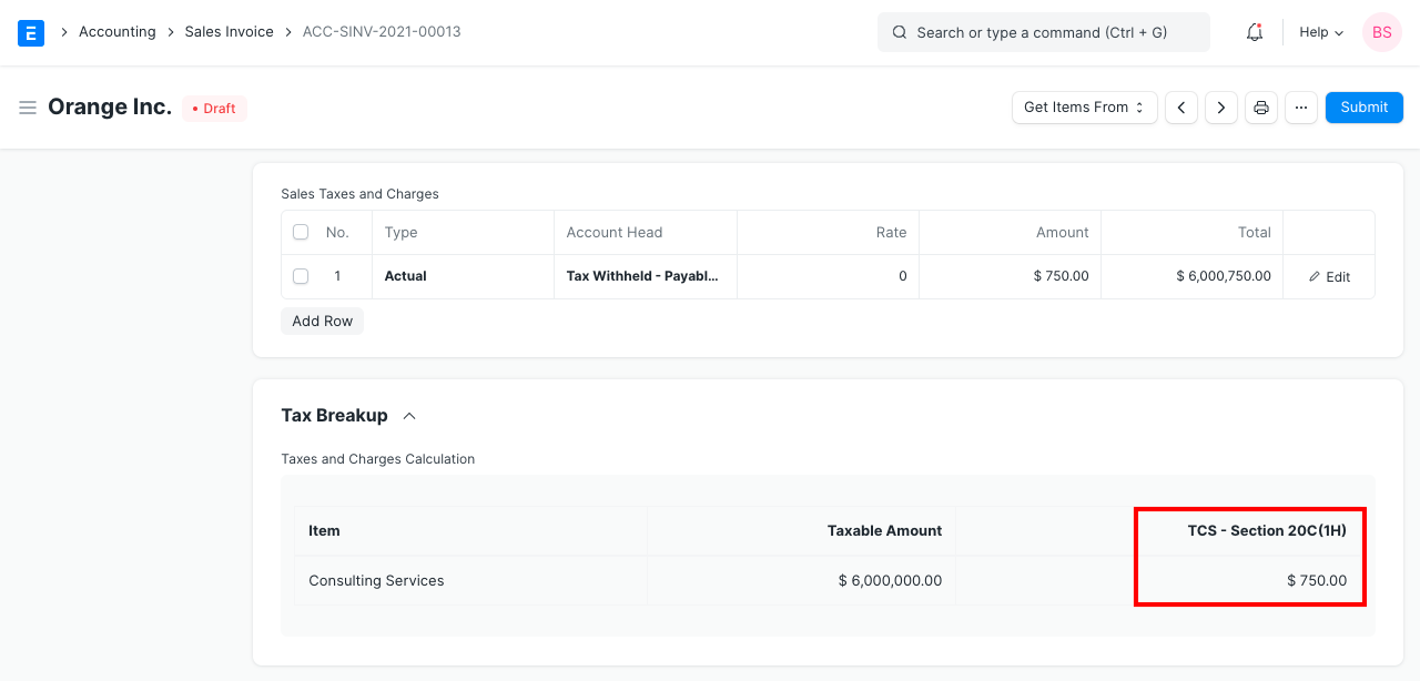 TCS Calculation in Sales Invoice