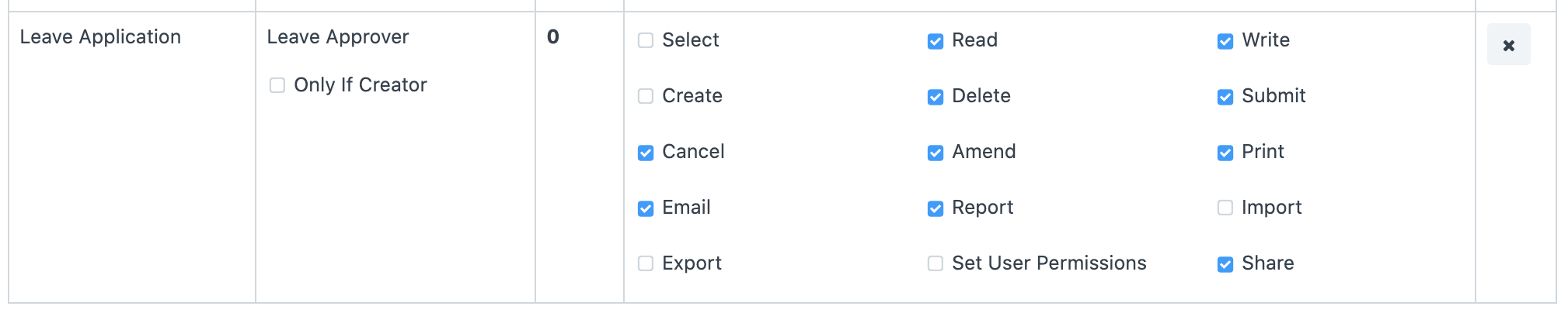 Giving Read, Write and Submit permissions to Leave Approver for Leave Applications.'Apply User Permissions' is checked to limit access based on Employee.