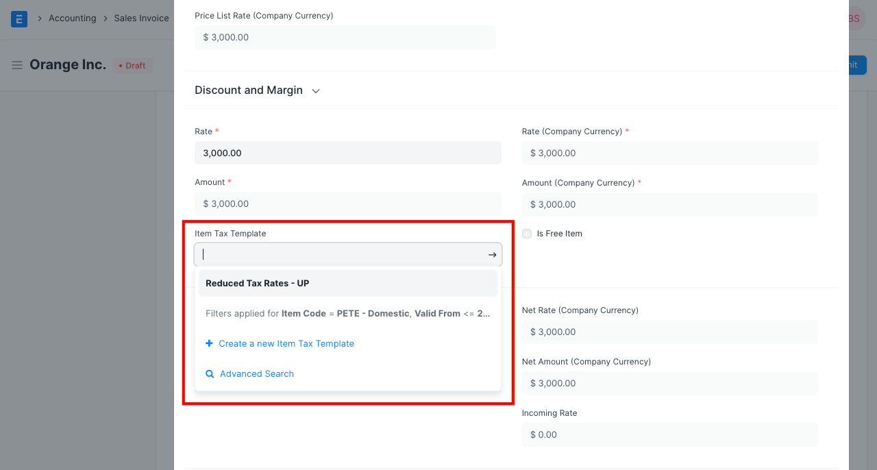 Slect Item Tax Template