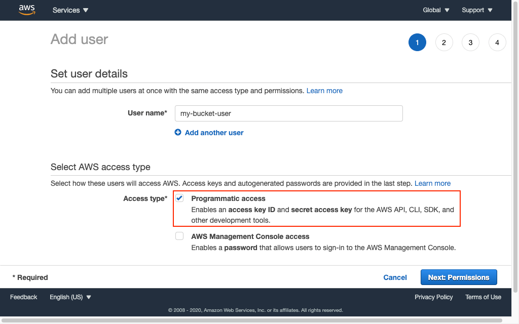 Screenshot of "Add User" in AWS