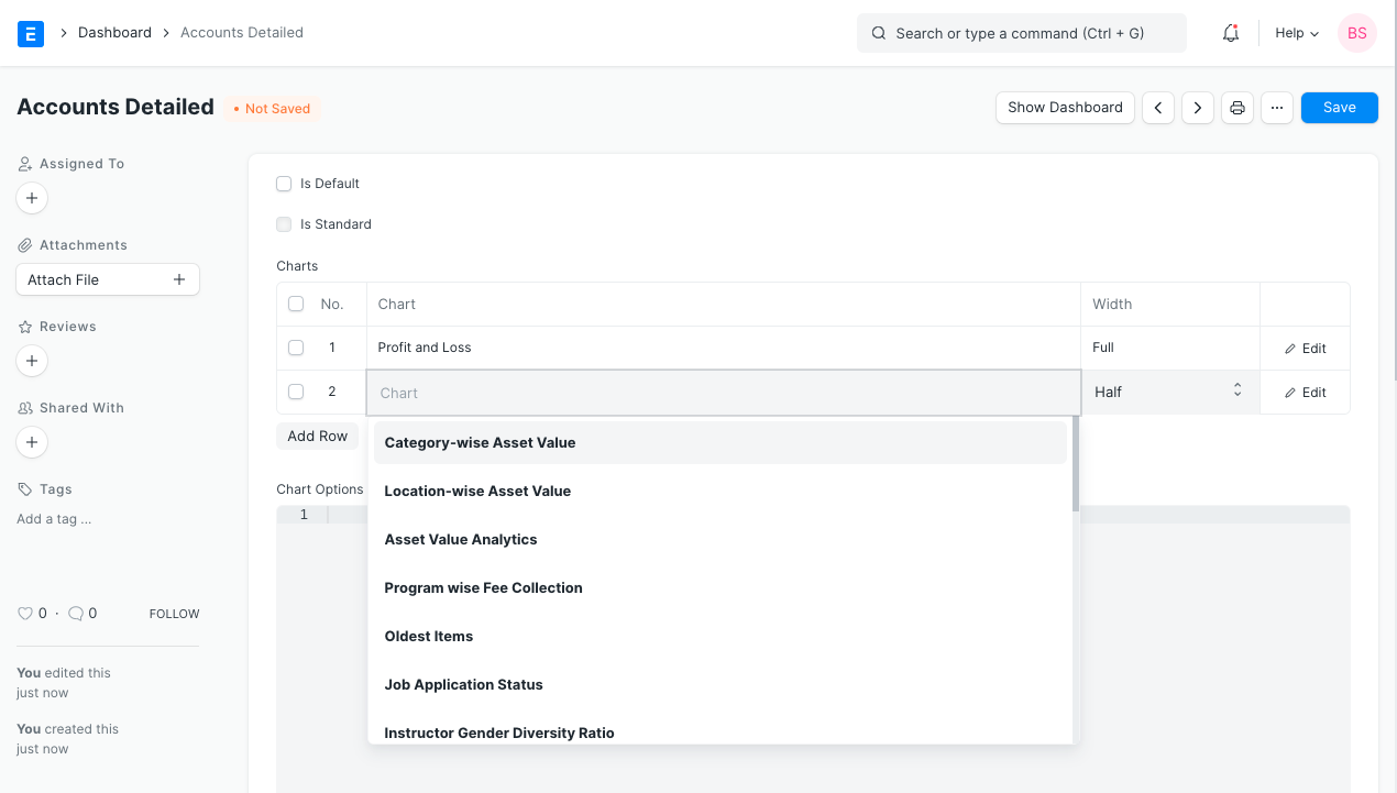 Adding Dashboard to Charts