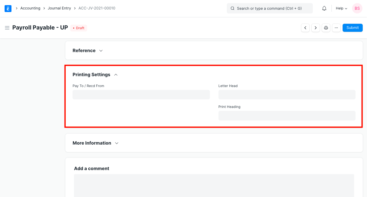 Journal Print Settings