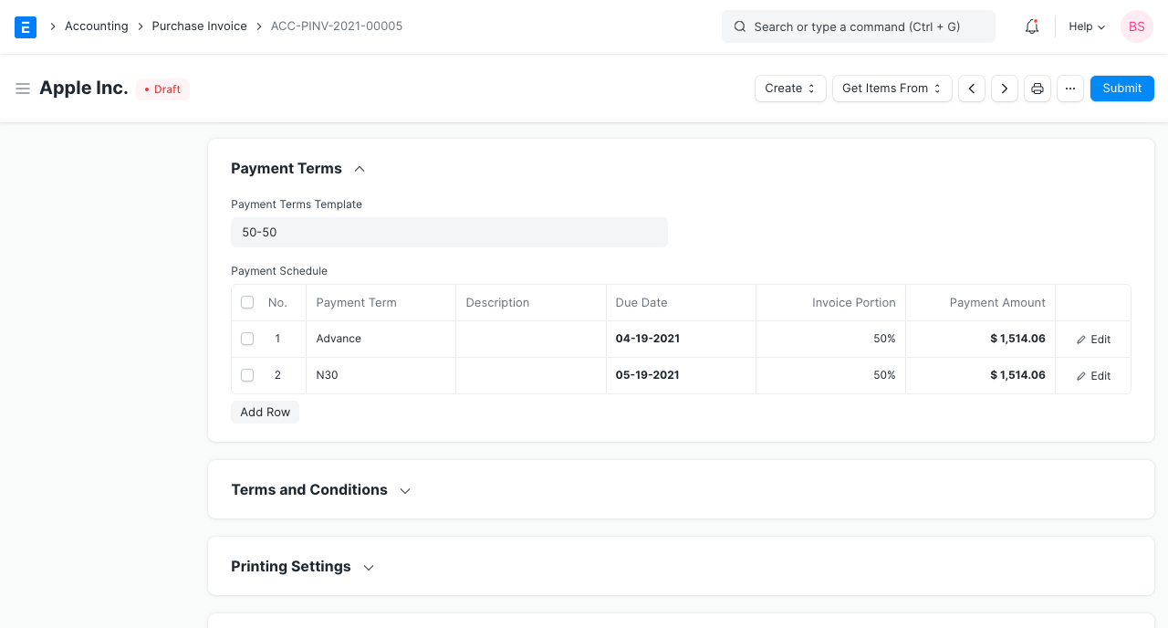 Purchase Invoice Payment Terms