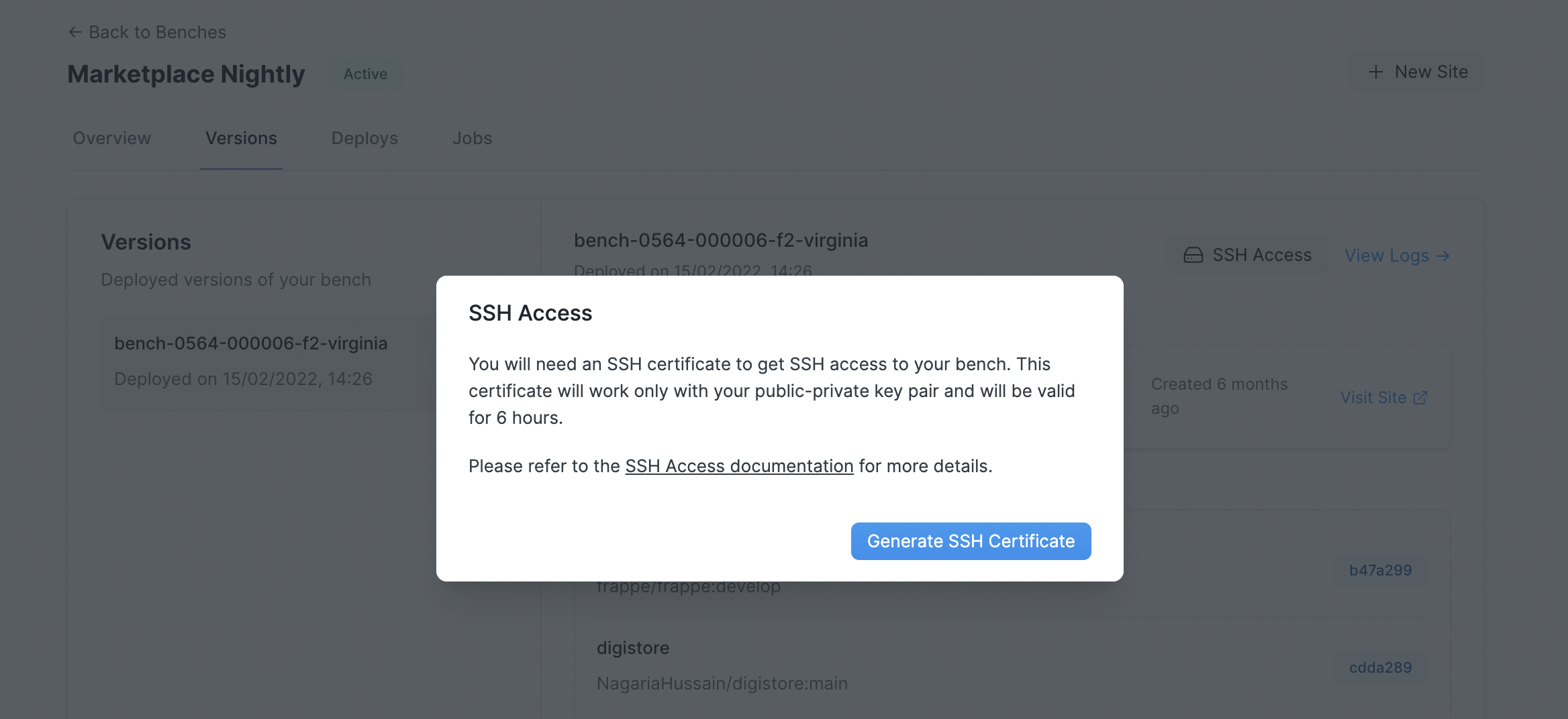 SSH Access Cert Generation Dialog