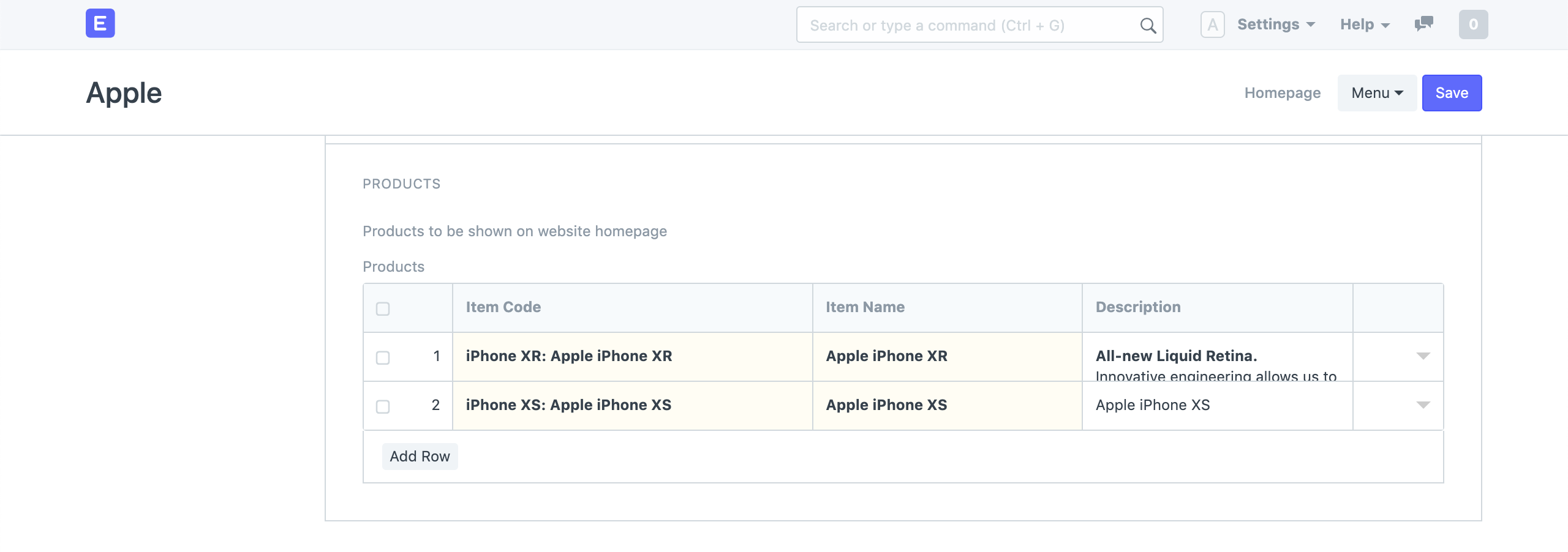 Homepage Products Table