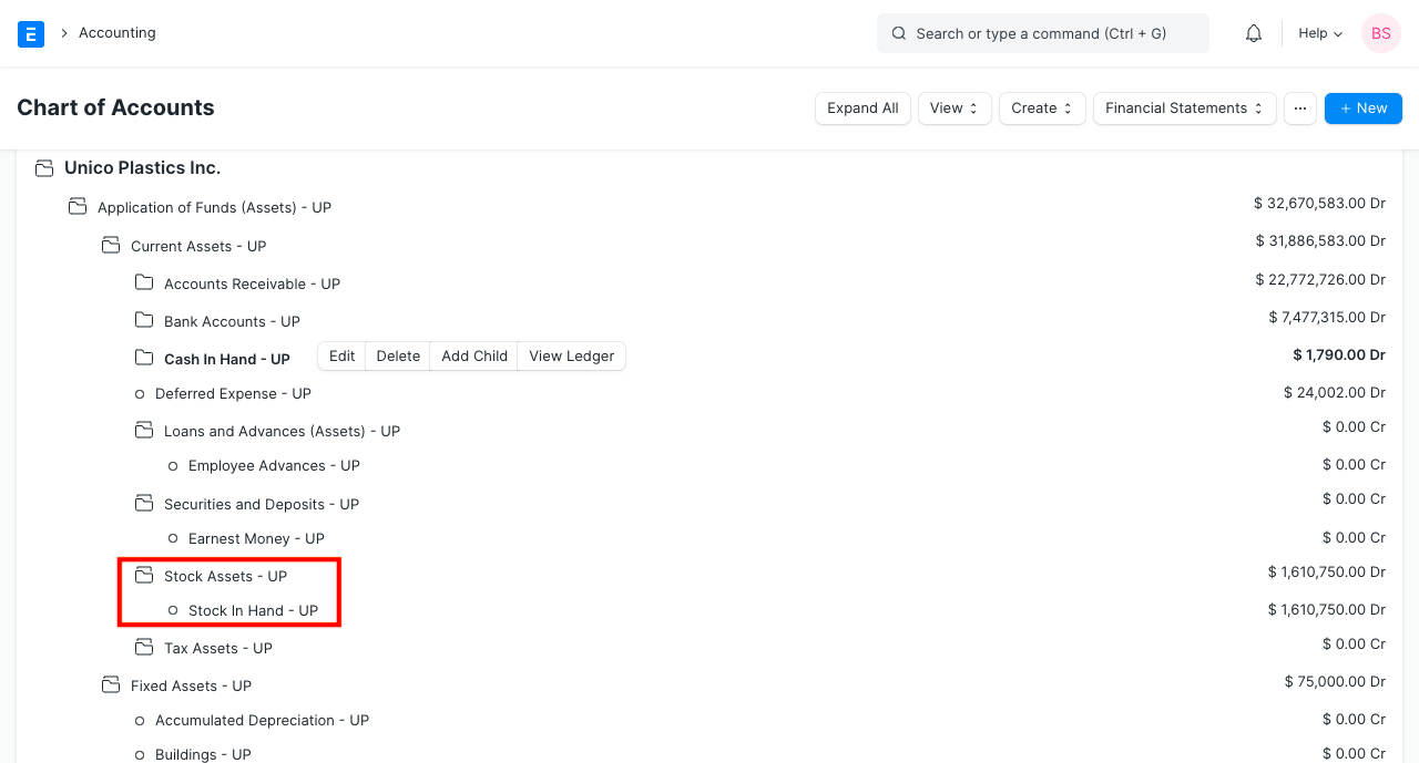 Stock Asset Ledger in Chart of Accounts