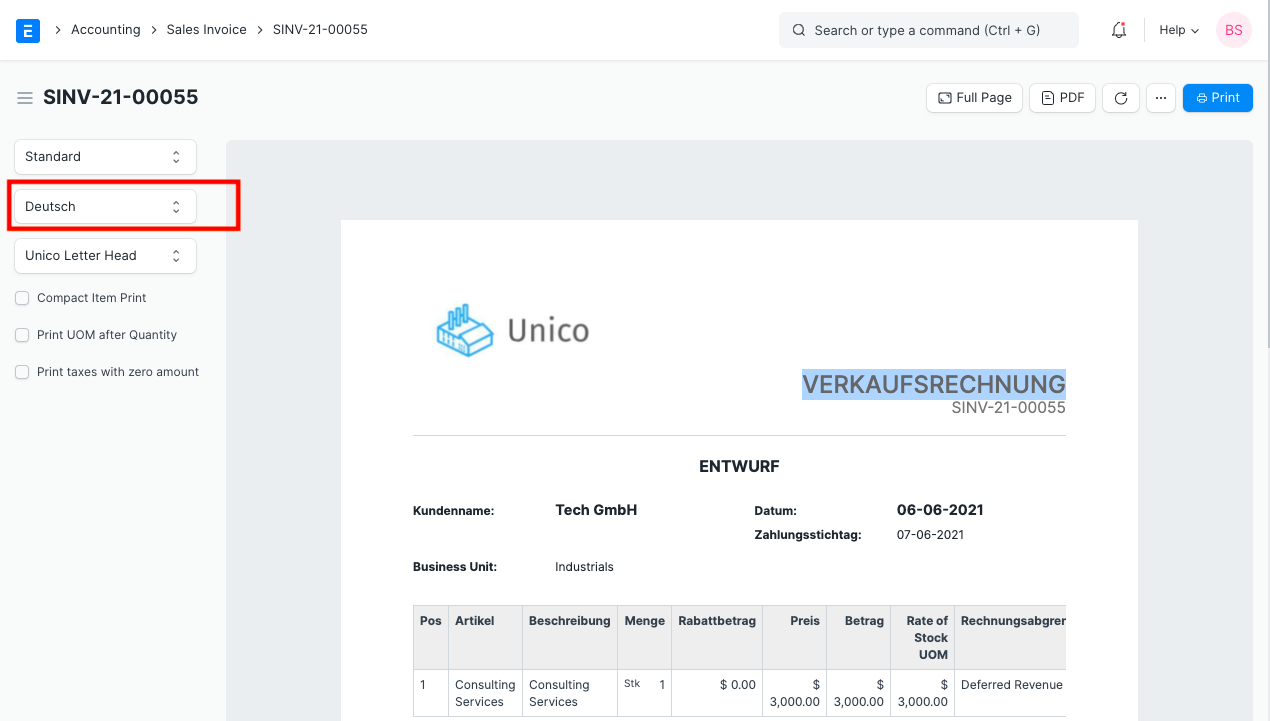 Invoice in Customer Language