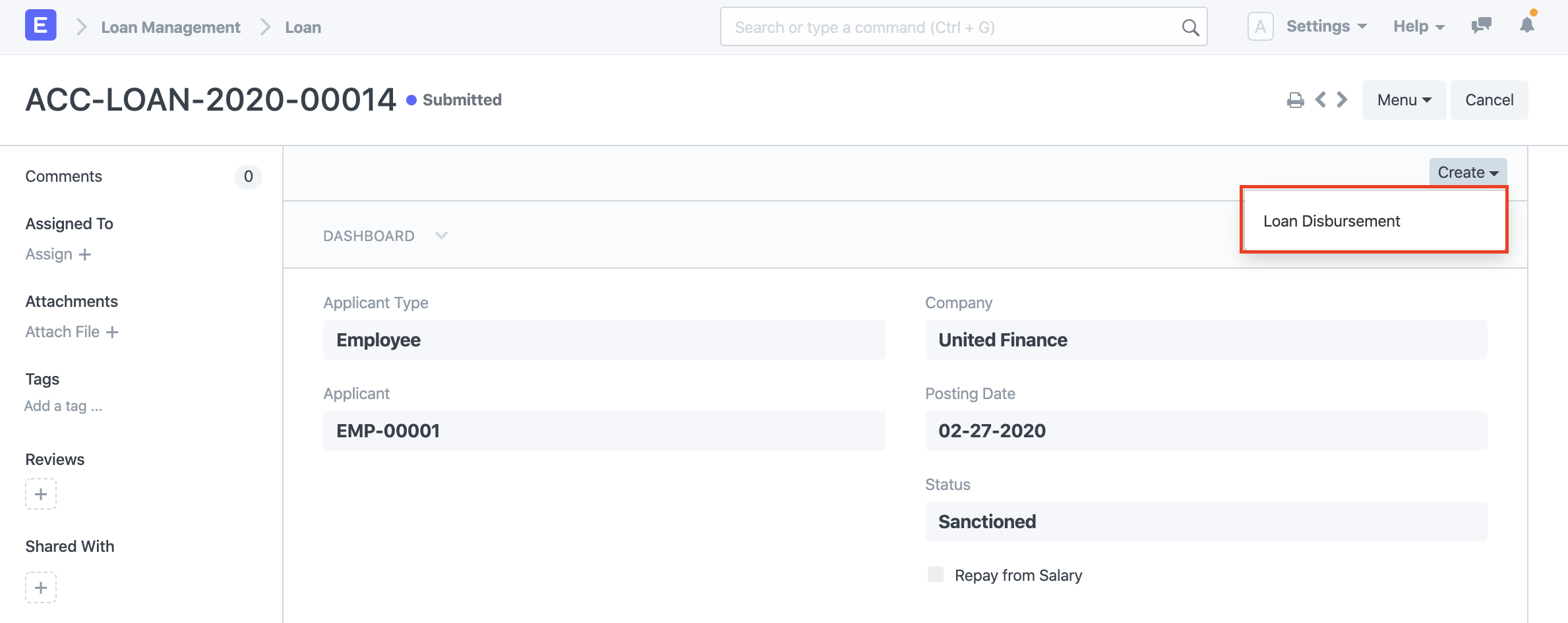 Create Loan Disbursement