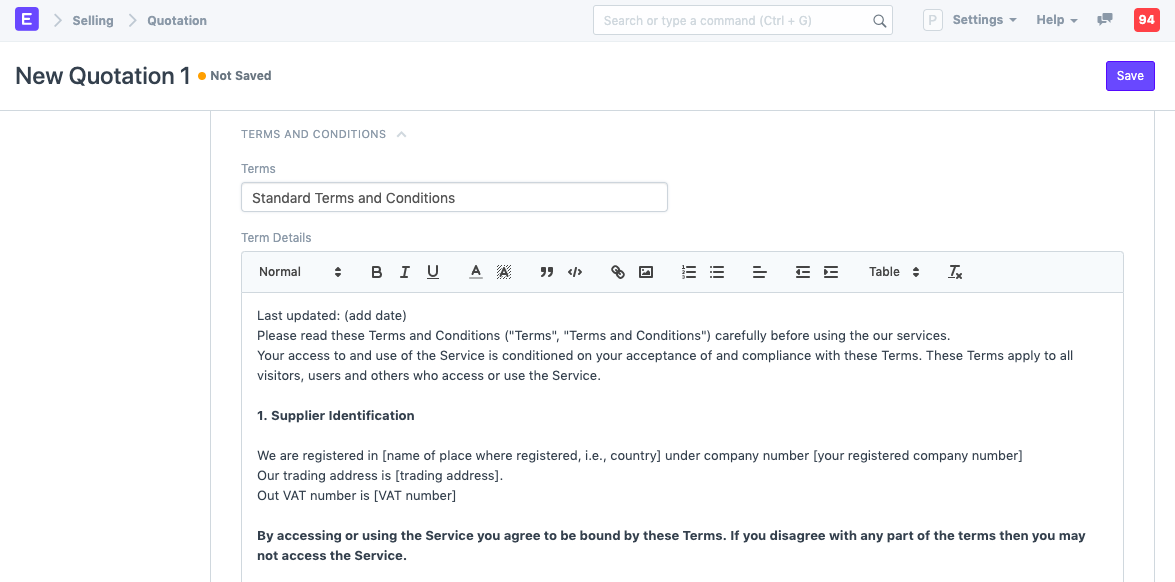 Terms and Conditions, Select in document