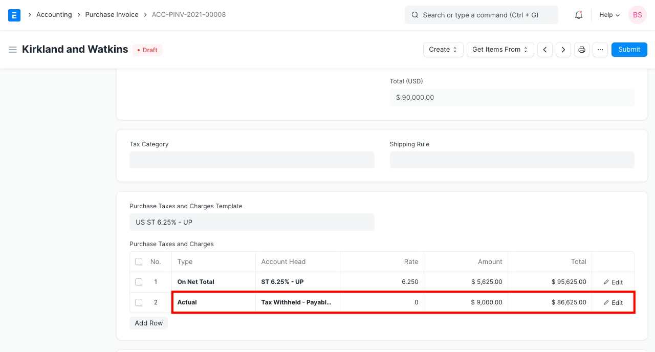 Tax Withholding Category in Purchase Invoice