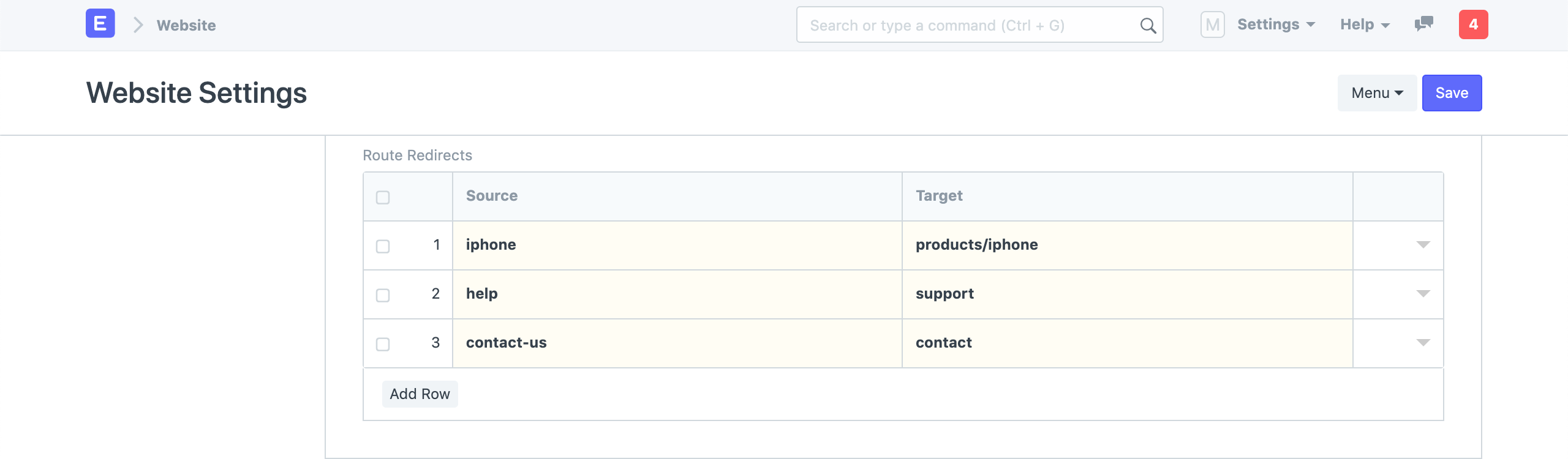 Website Settings - Routes Redirects