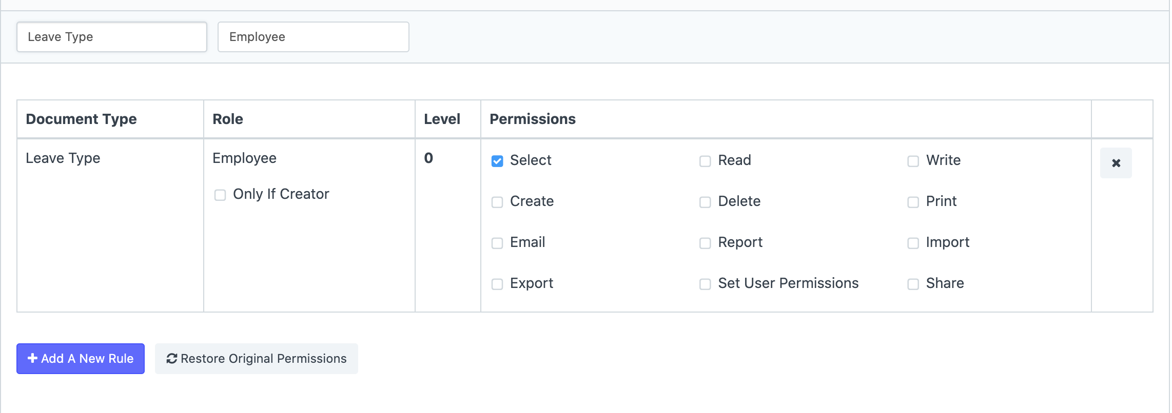 Limiting access to Leave Applications for a user with Employee Role via User Permissions Manager