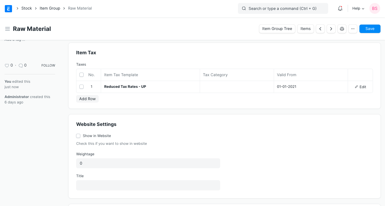 Item Tax Template in Item Group